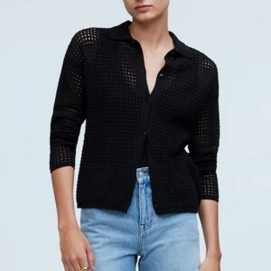 Madewell 100% Cotton Open-Stitch Polo Cardigan Sweater in Black. Size Large.
